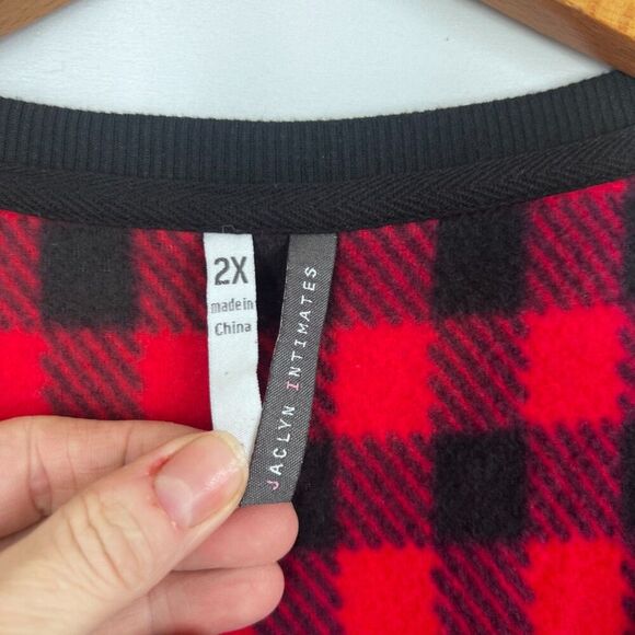 Jaclyn Intimates Red Black Buffalo Plaid Fleece Button Vneck Sleep Top Size 2X - Picture 6 of 9